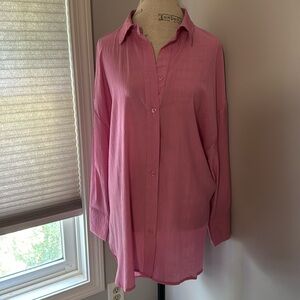 Glam Pink Open Back Blouse Long Sleeves Button Down